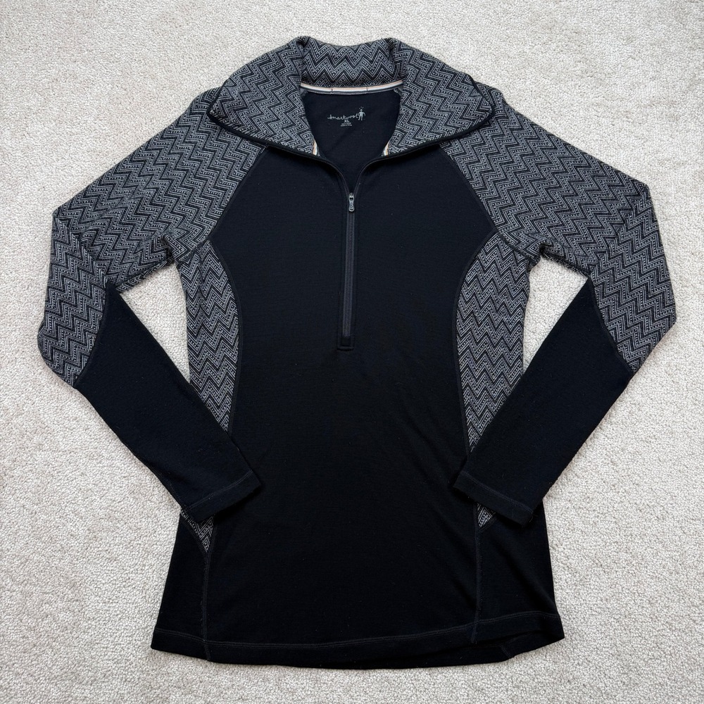 Smartwool Womens XL 1/4 Zip Pullover Black Gray Chevron Merino Wool Base Layer